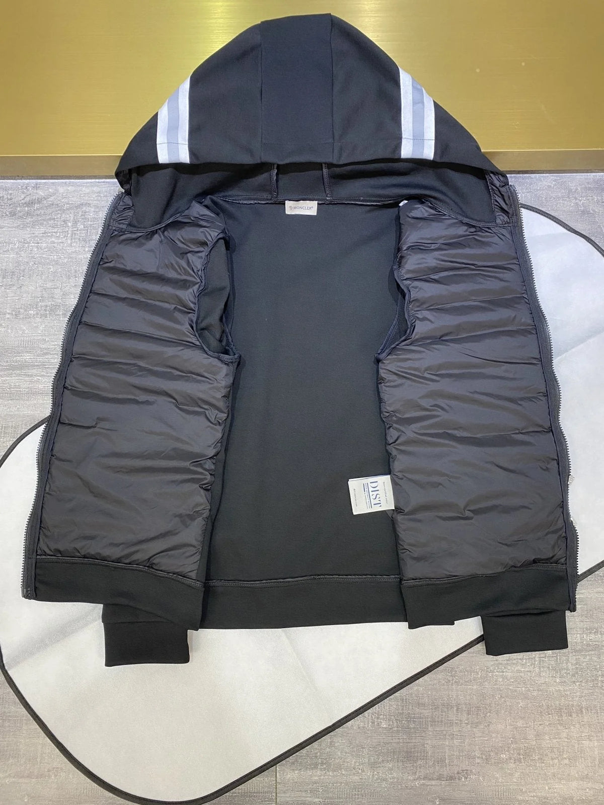 Moncler Black Hybrid Down-Knit Hooded Zip Cardigan – Quilted Front Panels Knit Sleeves Striped Hood Arm Badge Moncler Outerwear