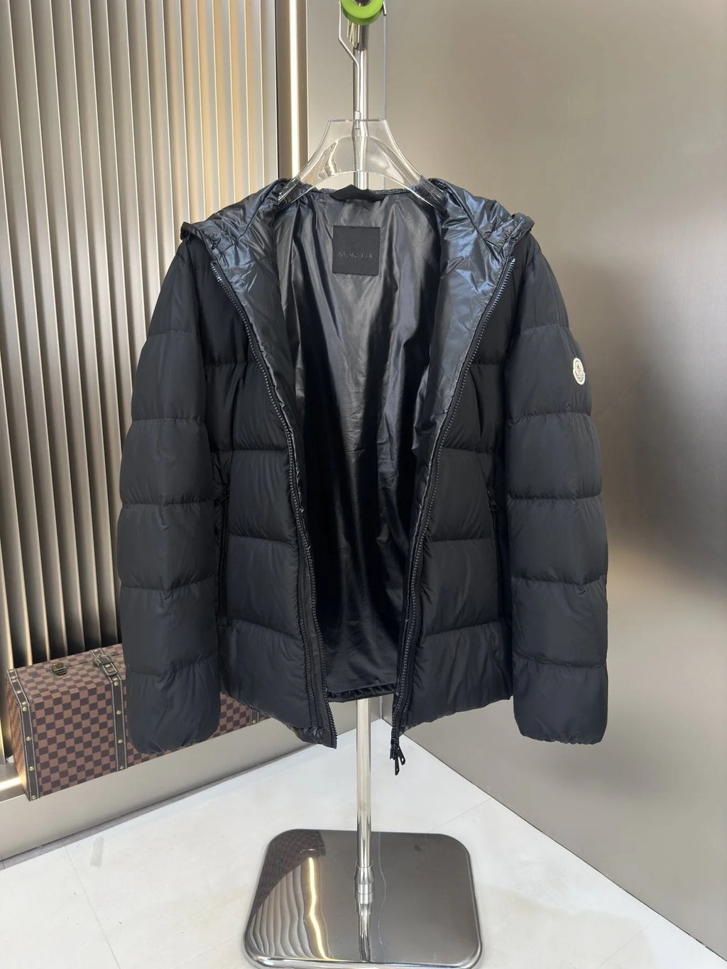 Moncler Black Collarless Down Jacket – Crew Neck No Hood Matte Shell Wide Baffles Tricolor Arm Badge Clean Zip Moncler Outerwear