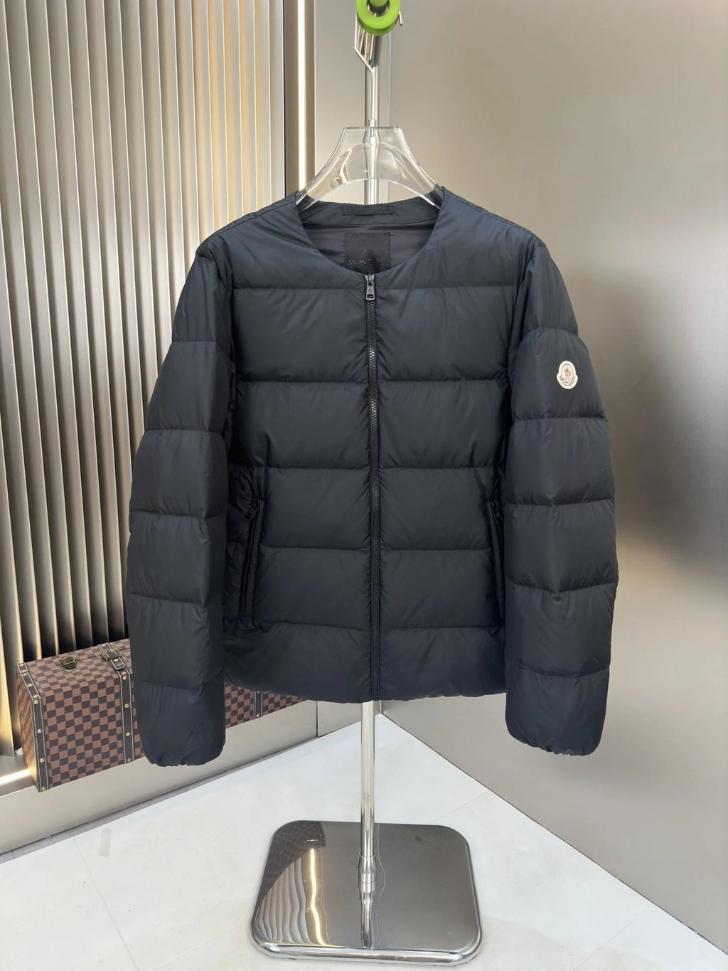 Moncler Black Collarless Down Jacket – Crew Neck No Hood Matte Shell Wide Baffles Tricolor Arm Badge Clean Zip Moncler Outerwear