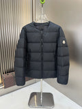 Moncler Black Collarless Down Jacket – Crew Neck No Hood Matte Shell Wide Baffles Tricolor Arm Badge Clean Zip Moncler Outerwear