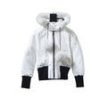 Moose Knuckles White Fur-Trim Hooded Bomber Jacket – White Shell Black Contrast Ribbed Hem White Fur Hood Pom Zip Pull Silver Rivets Ballistic Badge Moose Knuckles Outerwear