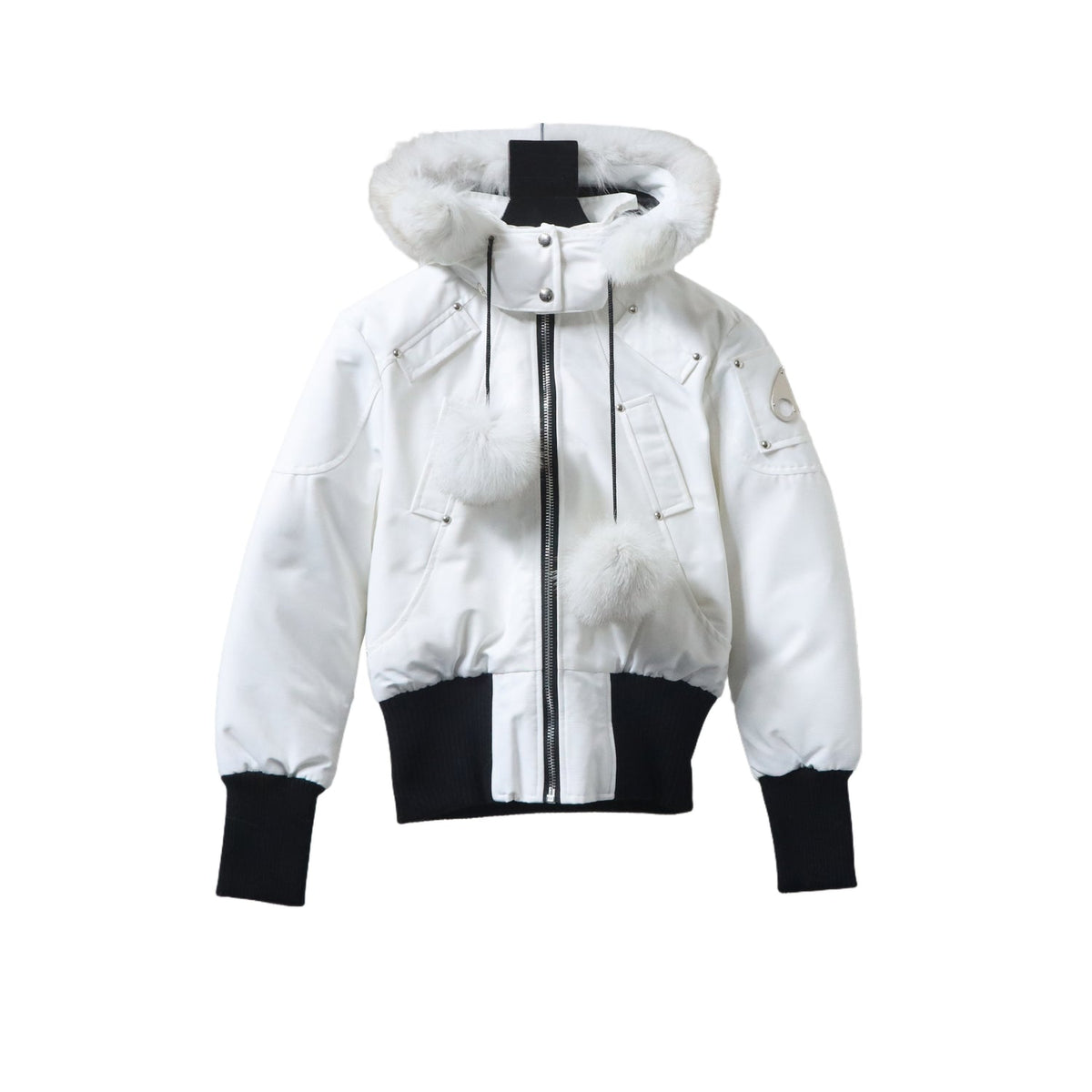 Moose Knuckles White Fur-Trim Hooded Bomber Jacket – White Shell Black Contrast Ribbed Hem White Fur Hood Pom Zip Pull Silver Rivets Ballistic Badge Moose Knuckles Outerwear