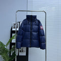 Canada Goose Navy Blue Glossy Oversized Down Puffer – Boxy Hooded Silhouette Arctic Program Badge Canadian Outerwear