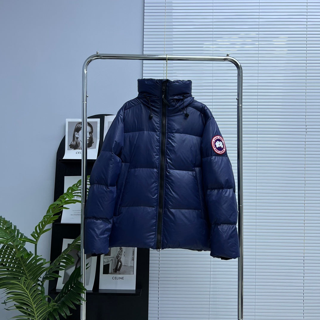 Canada Goose Navy Blue Glossy Oversized Down Puffer – Boxy Hooded Silhouette Arctic Program Badge Canadian Outerwear