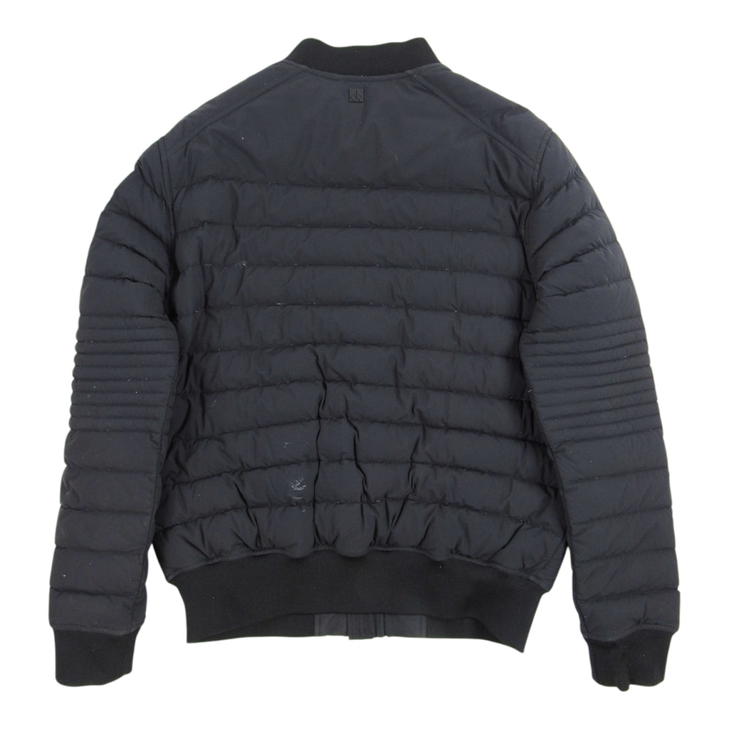Moncler Navy Down Bomber Jacket – MA-1 Silhouette Mixed Baffle Quilting Ribbed Knit Trim Hip Flap Pockets Dual Zip Moncler Outerwear