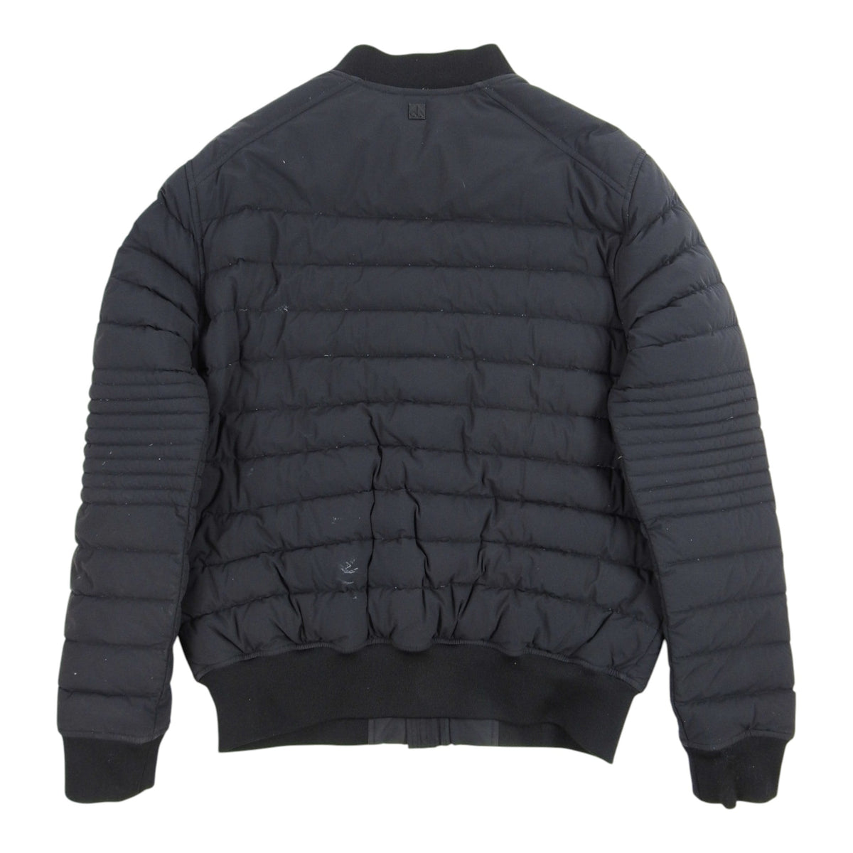 Moncler Navy Down Bomber Jacket – MA-1 Silhouette Mixed Baffle Quilting Ribbed Knit Trim Hip Flap Pockets Dual Zip Moncler Outerwear