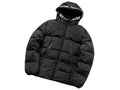 Moncler Black Oversized Down Jacket – All-Caps Logo Hood Brim Diagonal Baffles Matte Shell Chest Zip Pockets Comic-Strip Label Moncler Outerwear