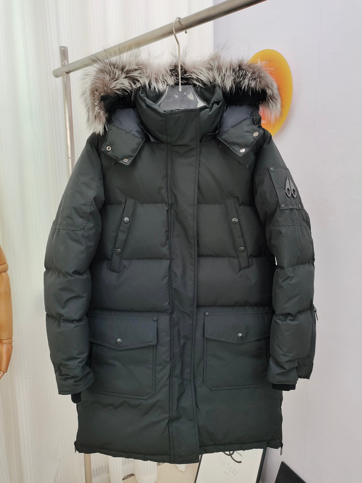 Moose Knuckles Black Long Parka – Silver Fox Fur Hood Utility Pockets Canadian Outerwear