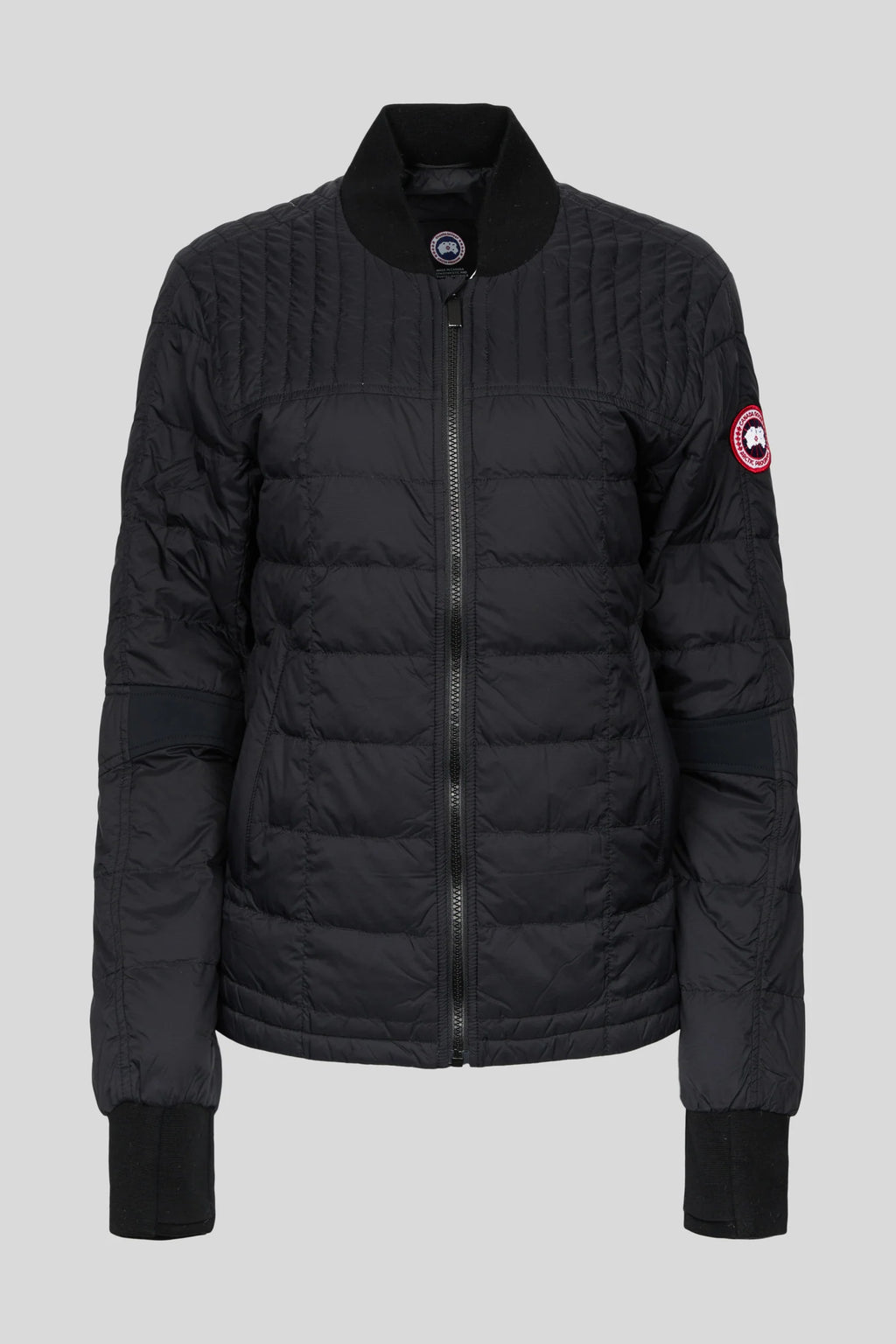 Canada Goose Black Women's Slim Down Bomber – Channel Quilted Ribbed Collar Arctic Program Badge Canadian Outerwear