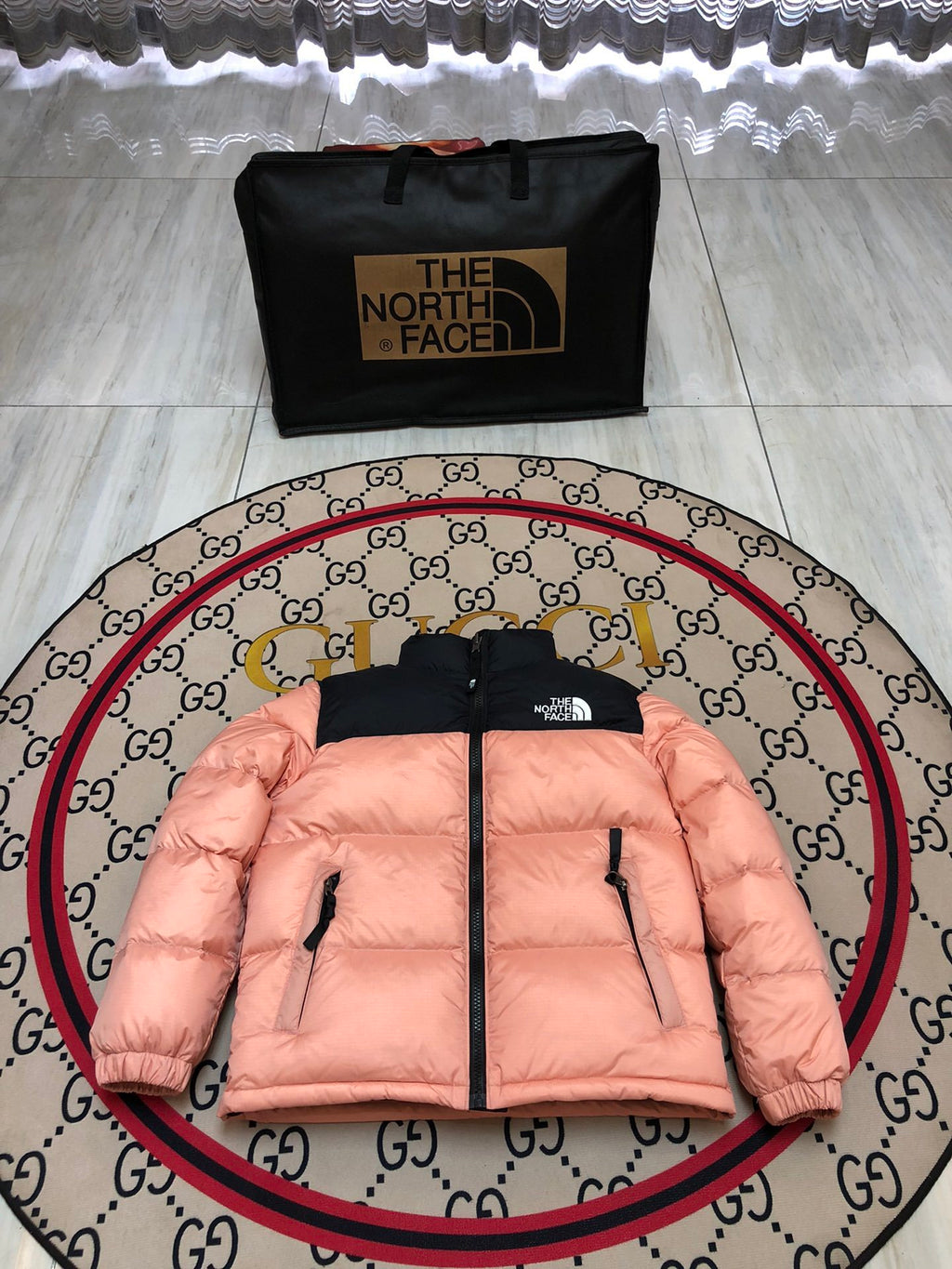 The North Face Coral Pink & Black 700-Fill Nuptse Down Puffer Jacket
