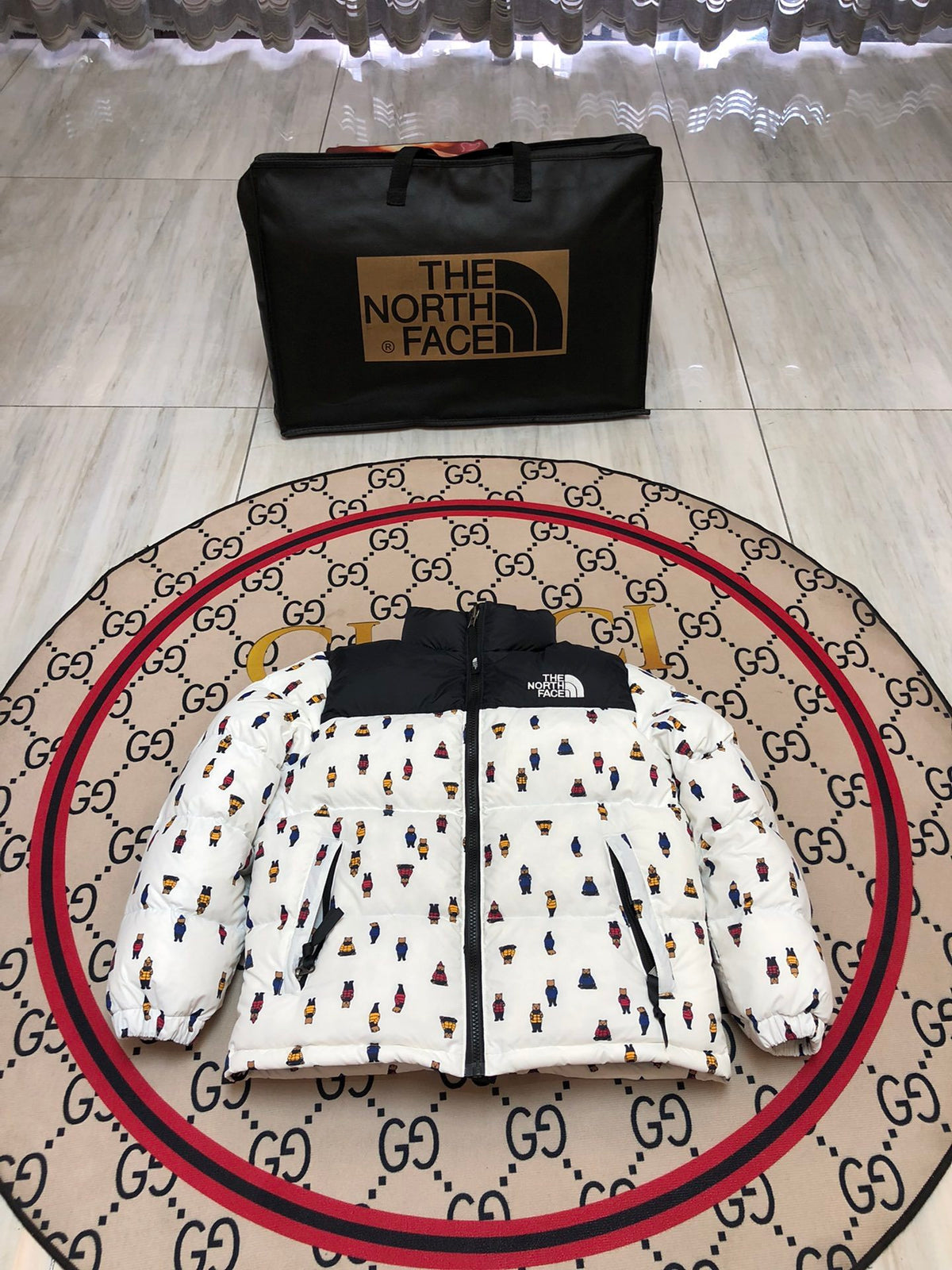 The North Face White Bear Print 700-Fill Nuptse Down Puffer Jacket