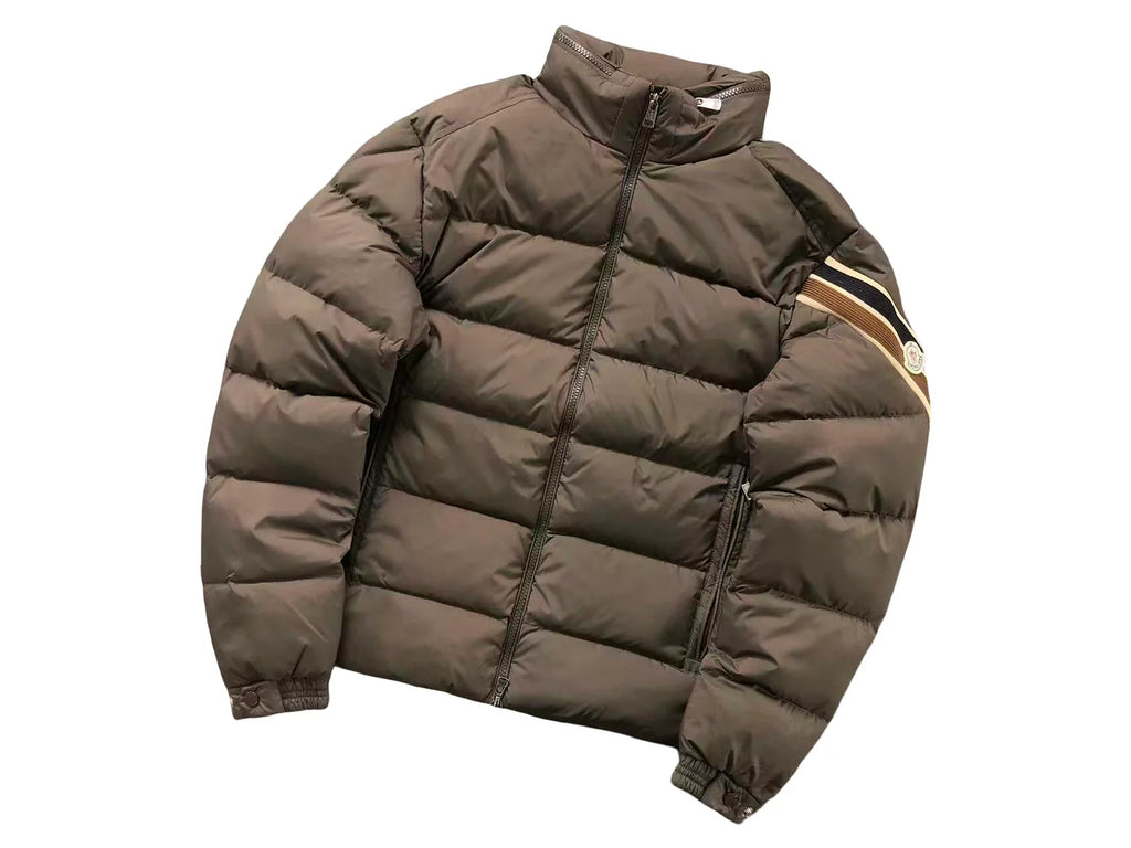 Moncler Taupe Brown Striped-Sleeve Stand-Collar Puffer Jacket