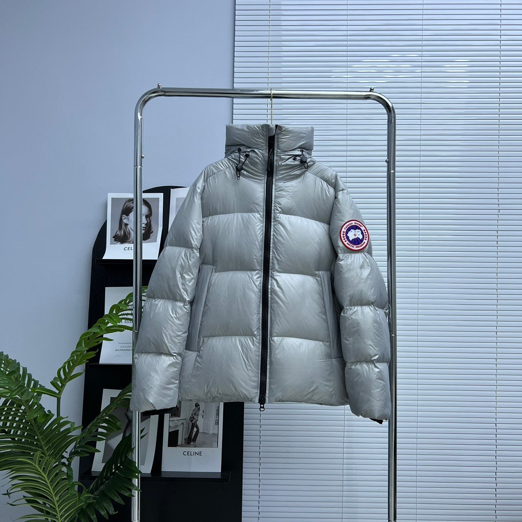 Canada Goose Silver Glossy Oversized Down Puffer – Boxy Hooded Silhouette Arctic Program Badge Canadian Outerwear