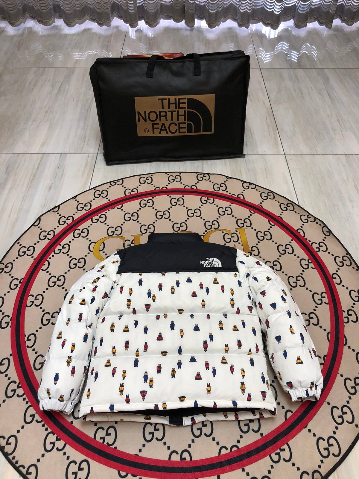 The North Face White Bear Print 700-Fill Nuptse Down Puffer Jacket