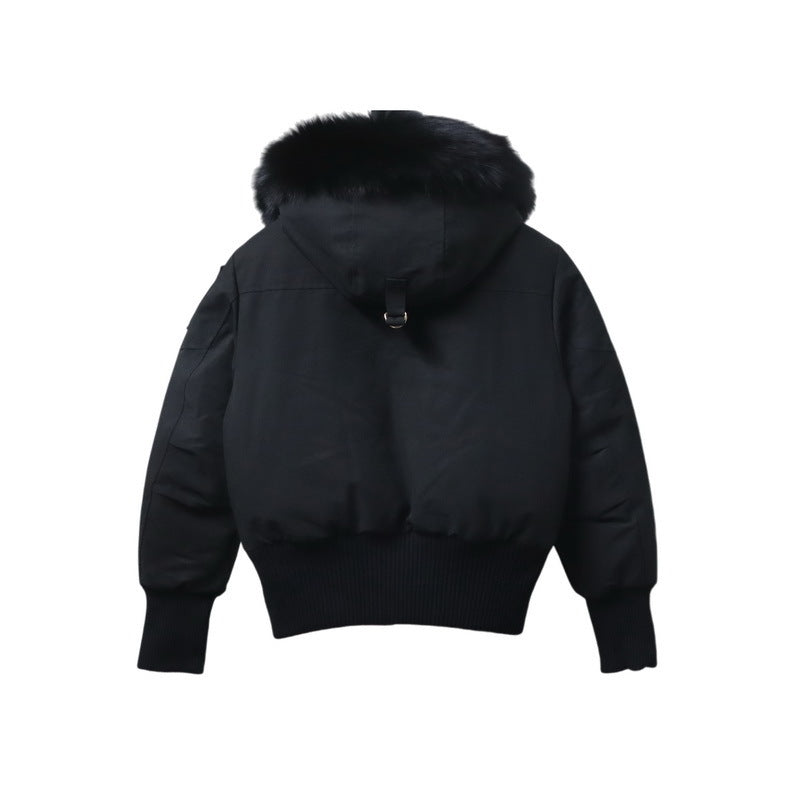Moose Knuckles Black Fur-Trim Hooded Bomber Jacket – Real Fur Hood Trim Fur Pom Pockets Gold Zip Silver Rivets Ballistic Badge Ribbed Knit Hem Moose Knuckles Outerwear