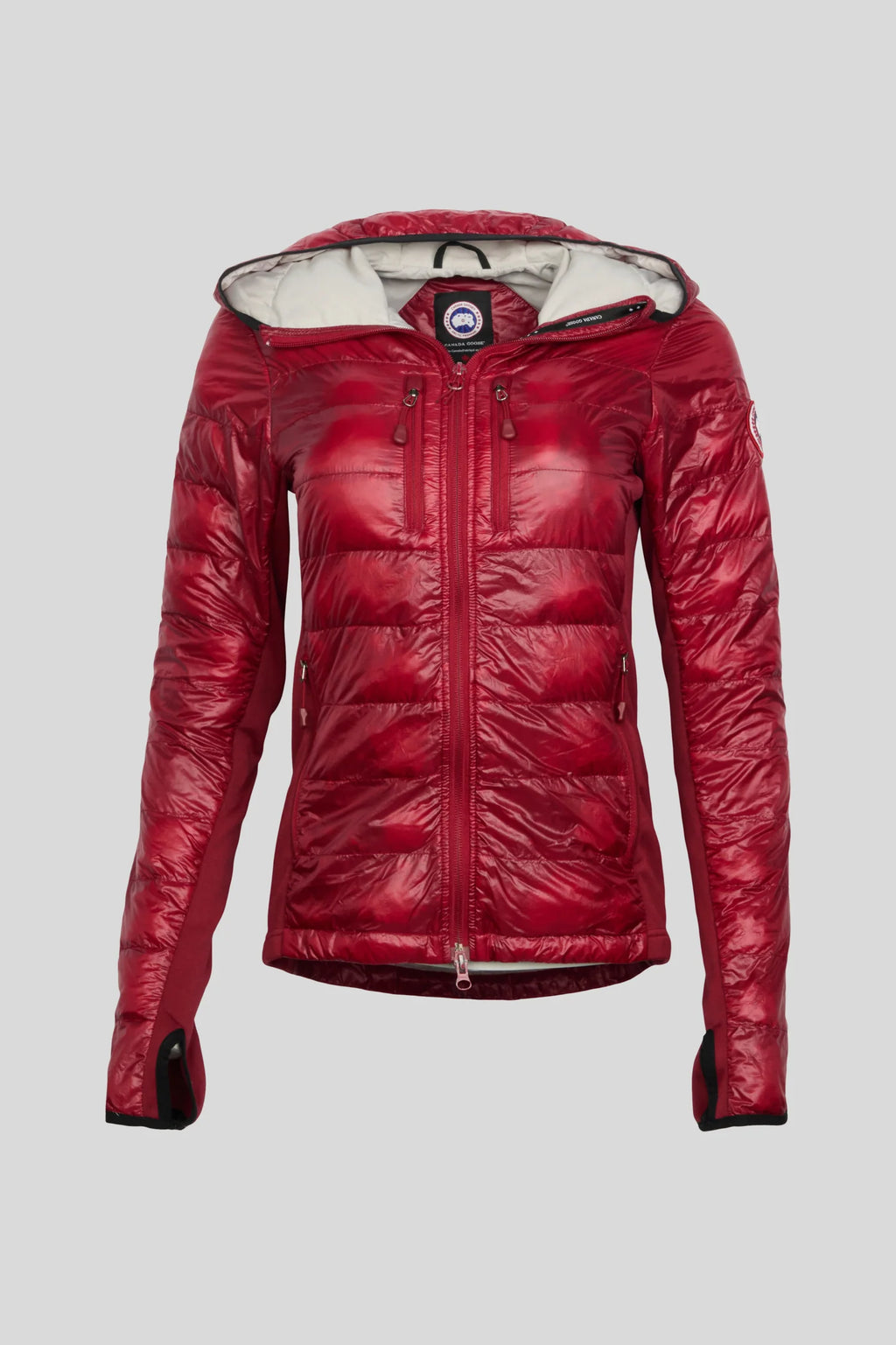 Canada Goose Red Women's Hooded Slim Down Jacket – Iridescent Shell Thumbhole Cuffs Arctic Program Badge Canadian Outerwear