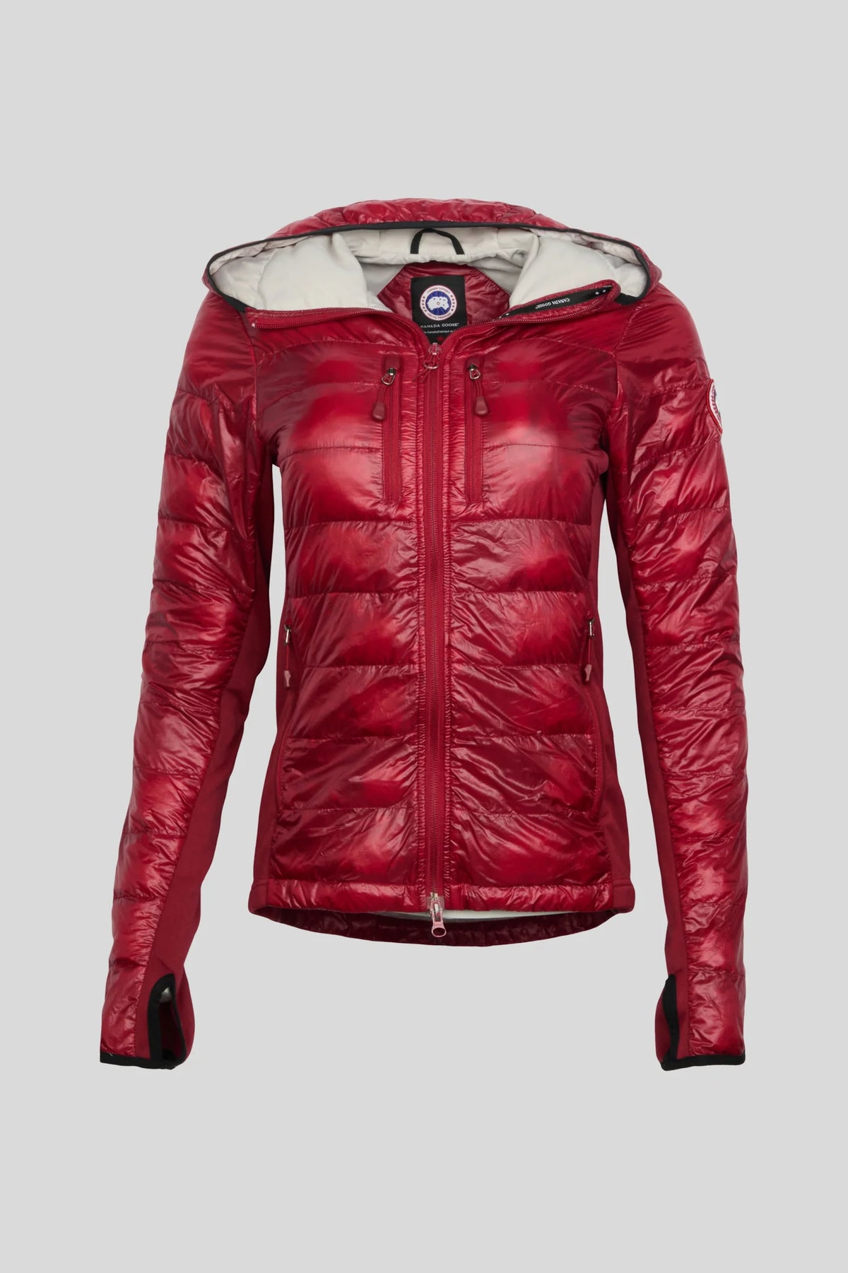 Canada Goose Red Women's Hooded Slim Down Jacket – Iridescent Shell Thumbhole Cuffs Arctic Program Badge Canadian Outerwear
